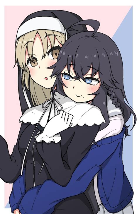 Safebooru 2girls Ahoge Bangs Black Hair Blue Cardigan Blue Eyes Blush Braid Brown Eyes