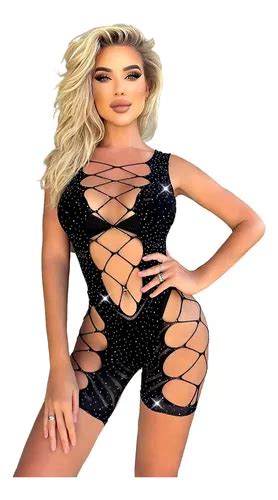 Macacão Strass Lingerie Vazado Arrastão Sexy Luxo Sensual Parcelamento sem juros