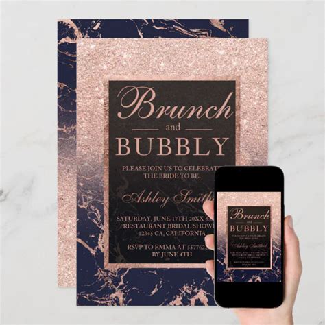 Navy Marble Rose Gold Brunch Bubbly Bridal Shower Invitation Zazzle