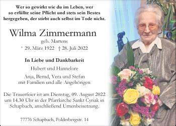 Traueranzeigen Von Wilma Zimmermann Schwarzw Lder Bote Trauer