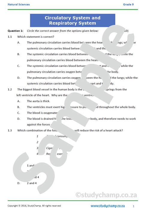 Grade Natural Sciences Test Circulatory And Respiratory Systems