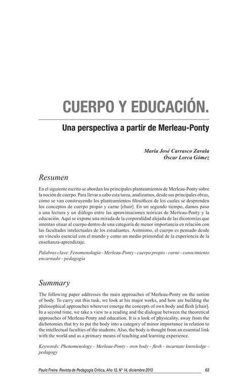 PDF Cuerpo y educación Una perspectiva a partir de Merleau Ponty