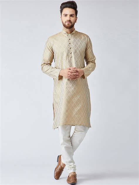 Buy Jompers Men Beige And Gold Coloured Self Design Kurta With Churidar