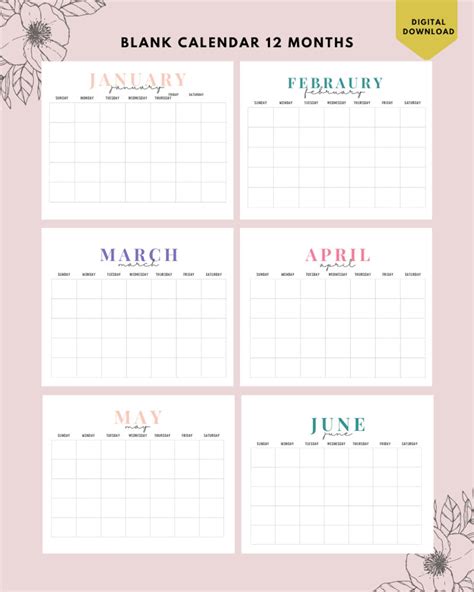 BLANK Monthly Calendar Landscape, Printable Calendar, Year Calendar ...