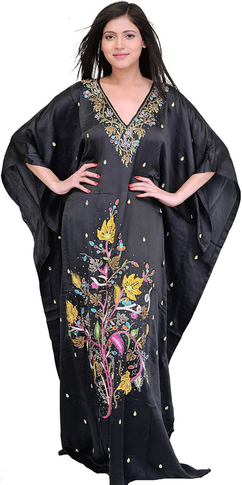 Black Kaftan With Embroidered Flowers And Stone Work By Hand Exotic