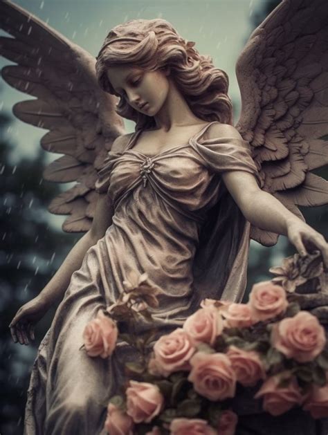 An Angel Statue With Roses In The Foreground And Rain Falling Down On