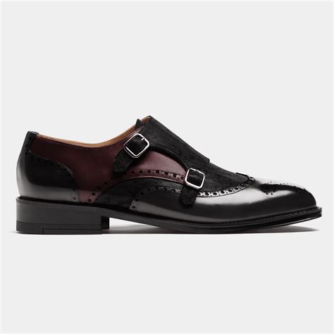 Double Monk Brogue Shoes Black Oxblood Flora Leather Velvet