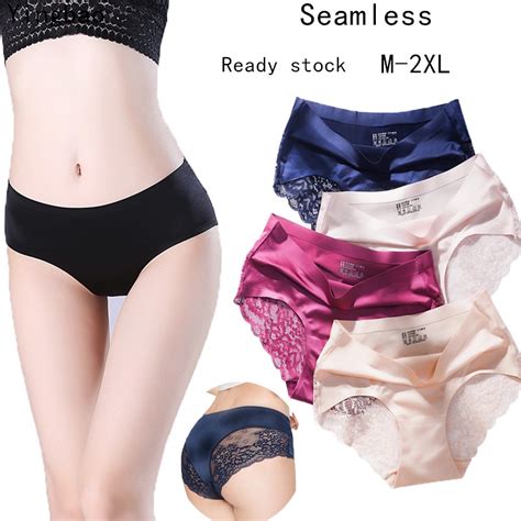 Yingbao 1pcs Seamless Ice Silk Panties Women Low Waist Cut Rise Ladies Lace Underwear Plus Size