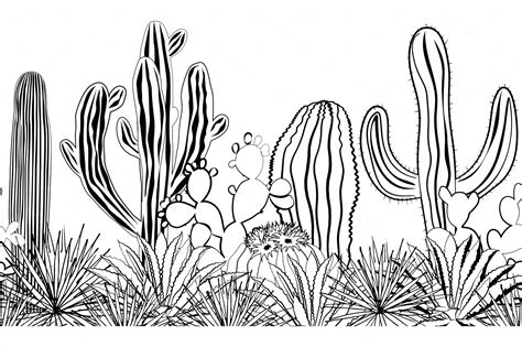 Sketch Cacti Seamless Pattern Black And White Masterbundles