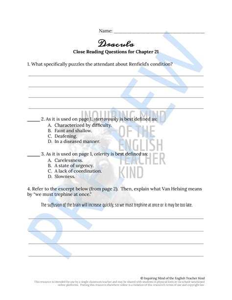 Dracula Chapter 21 Close Reading Analysis Worksheet And Answer Key