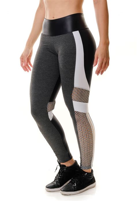 Calça Legging Fitness Cinza Escuro e Preta Tela Lateral Branca