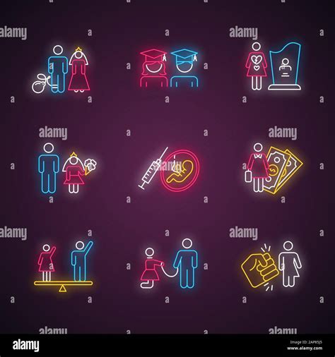 Gender Equality Neon Light Icons Set Forced Marriage Education