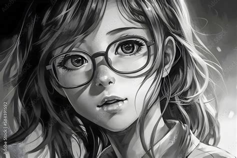 Cute Anime Girl Portrait Black And White Colors Sketch Style