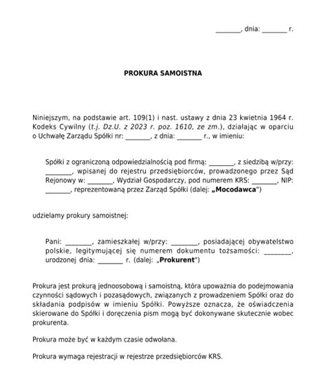 Prokura wzór przykład do wypełnienia Word i PDF