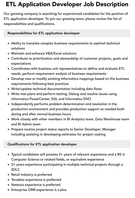 ETL Application Developer Job Description Velvet Jobs