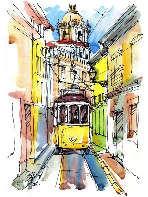 Lisbon Watercolor Print Portugal Wall Art Cityscape Watercolor City