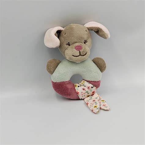 Doudou Hochet Chien Iris Et Lali Rose Bleu Fleurs Nattou