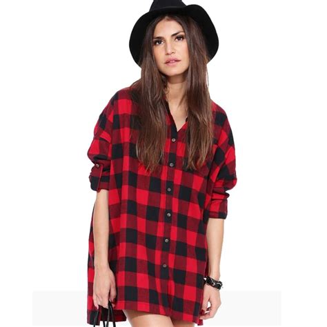 Womens Red Black Oversize Plaid Shirts Women Raglan Sleeve Cotton Bf