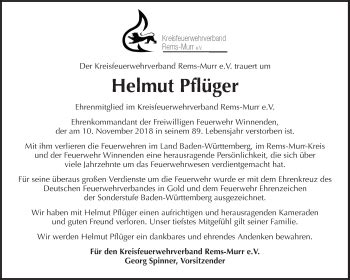 Traueranzeigen von Helmut Pflüger ZVW Trauer