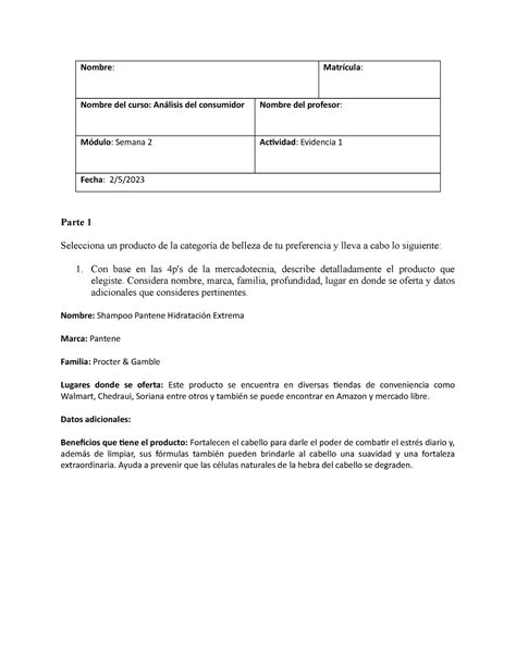 Evidencia Analisis Del Consumidor Nombre Matr Cula Nombre Del