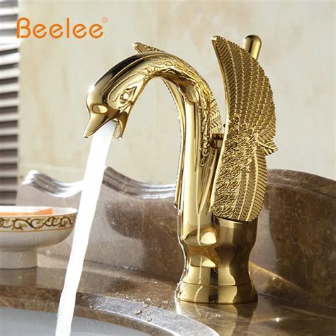 Gold Color Swan Design Hot Cold Brass Bathroom Sink Mixer Tap Single Swan Handle Wash Basin