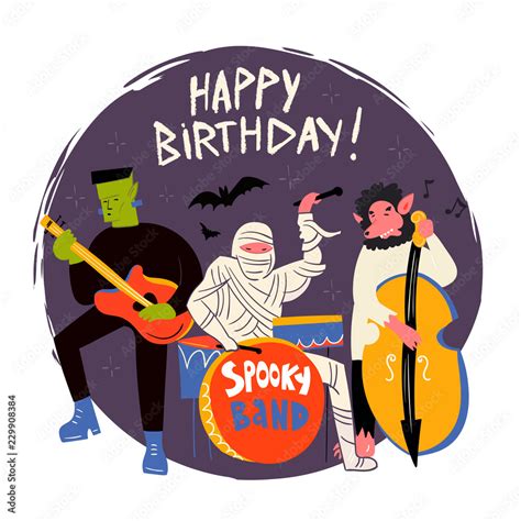Halloween Monsters Music Band Hand Drawn Vector Illustration Happy
