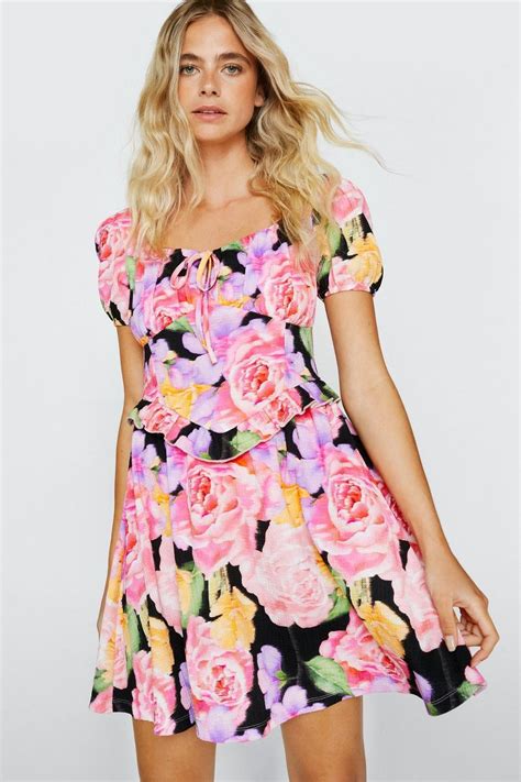 Womens Floral Print Tie Front Corset Mini Dress Boohoo Uk