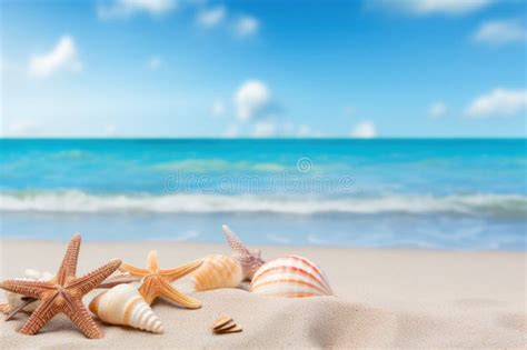 Beach With Seashells And Starfish And Sky Stock Photo Image Of Sunny