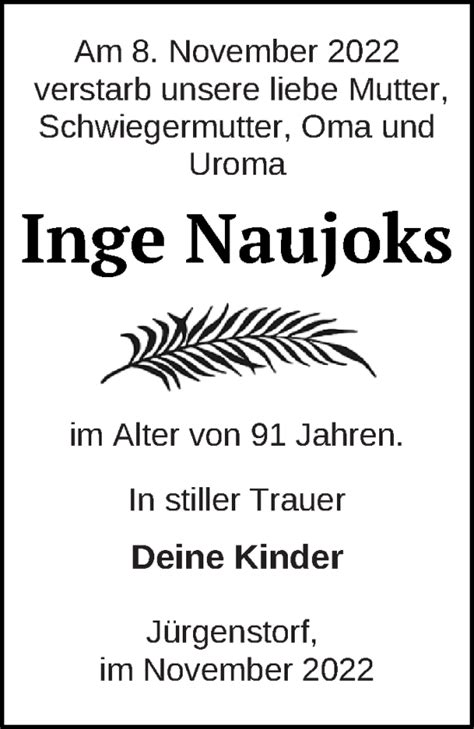 Traueranzeigen Von Inge Naujoks Trauer Nordkurier