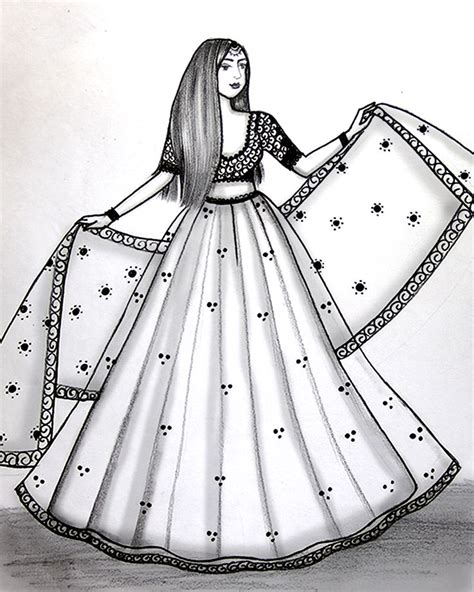 A Girl Beautiful Traditional Dress Lehenga Drawing Pencil Sketch