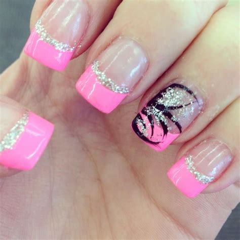 Pink French Tips With Silver Glitter And Design On Ring Finger French Tip Nail Designs Pretty