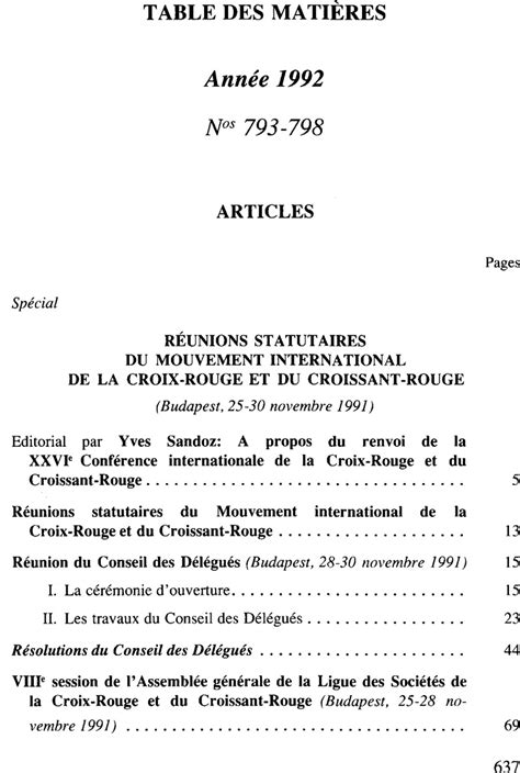 Table des Matiéres Année 1992 International Review of the Red Cross