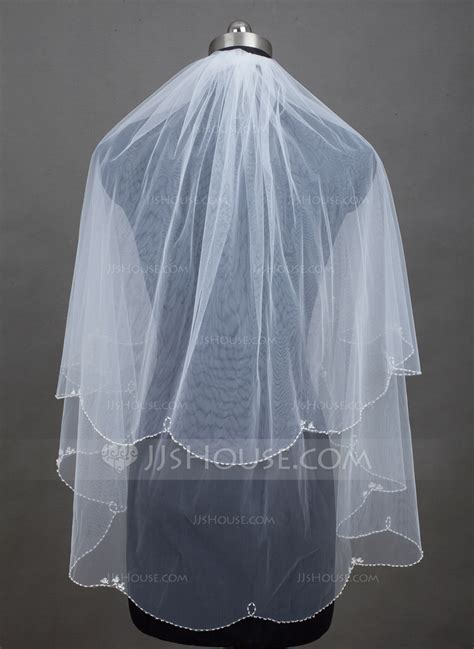 Two Tier Beaded Edge Elbow Bridal Veils With Beading Sequin 006078825