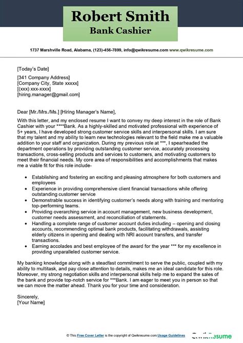 Bank Cashier Cover Letter Examples Qwikresume