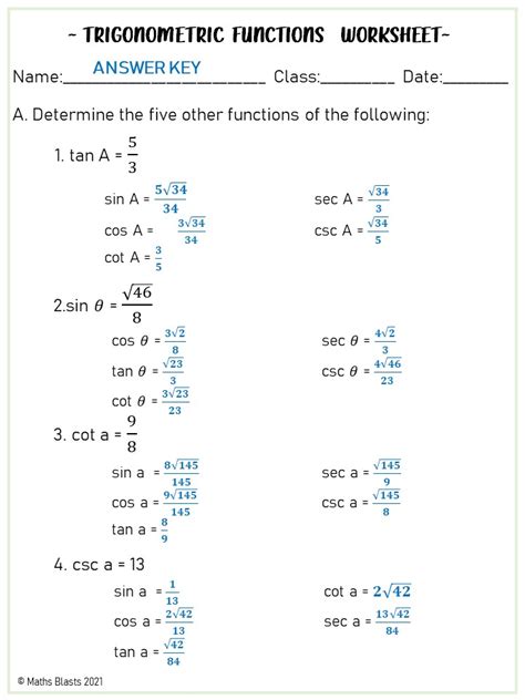 Trigonometric Functions Worksheets Freebies Made By Teachers