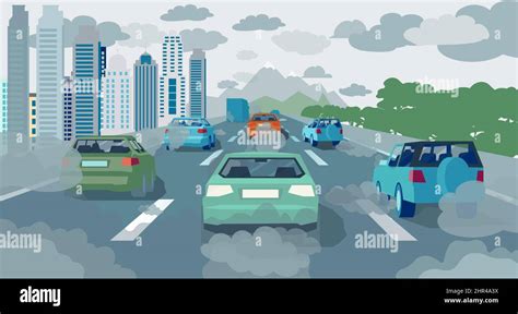 Heavy Transport Traffic And Air Pollution Concept Vector Of Cars On A Highway With Carbon