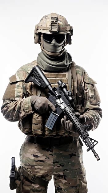 Premium Photo | A US soldier with mask in full combat uniform against a blank background