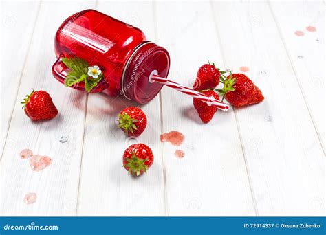 Strawberry Smoothie In Mason Jar With Straw Stock Image Image Of