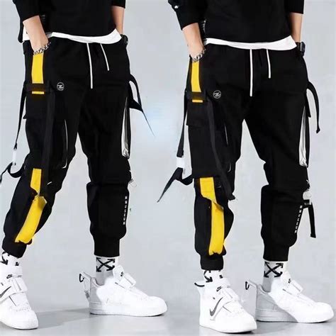 Calça Cargo Masculina Estilo Hip Hop Listrada Com Fita Calças Jogger