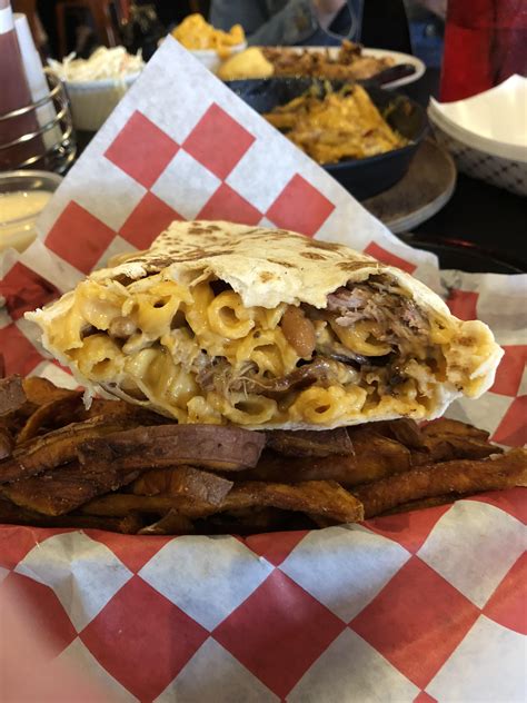 I Ate Jurassic Pork Pulled Pork Mac And Cheese Bacon Baked Beans In A Burrito Food