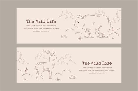 Premium Vector Animal Drawing Linear Flat Banner Set