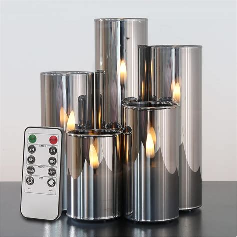 Eywamage Slim Grey Glass LED Candles With Remote D 2 H 3 4 5 6 7