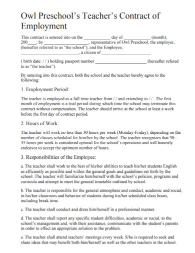 FREE 7 Preschool Teacher Contract Samples In PDF DOC