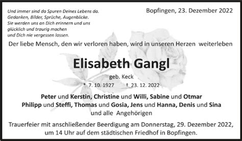 Traueranzeigen Von Elisabeth Gangl Schwaebische De Trauerportal