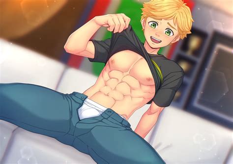 Rule 34 1boy Abs Adrien Agreste Blonde Hair Blush Green Eyes Jeans Lifting Shirt Male Male