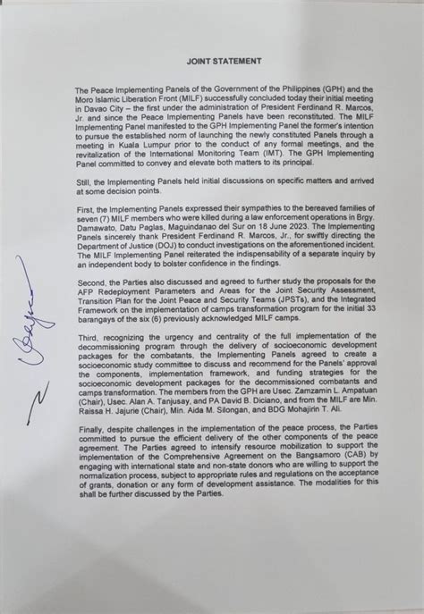 Gph Milf Implementing Peace Panels Meet Under Pbbm Administration