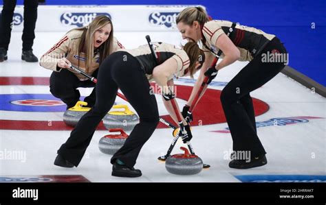 Team Ontario Skip Rachel Homan Left Directs Her Team Against Team Canada As Third Emma Miskew