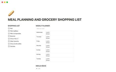 Meal Planning And Grocery Shopping List Notion Template