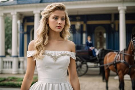 Premium Ai Image Beautiful Blonde Girl In Vintage Dress And Styled Hair Posing On A Nature