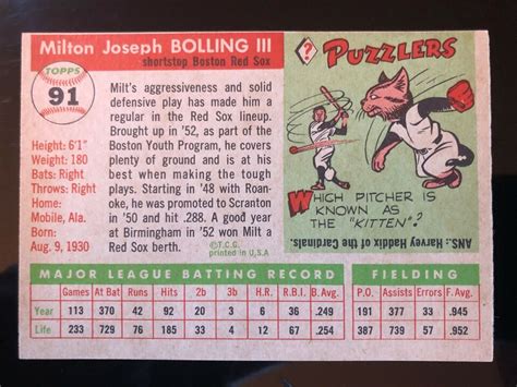 Topps Baseball Card Milt Bolling Boston Red Sox Ebay